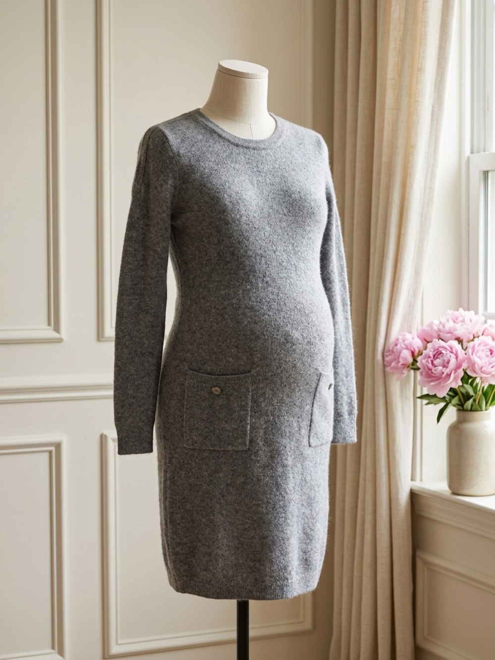 Seraphine Gray Long-Sleeve Maternity Knit Dress